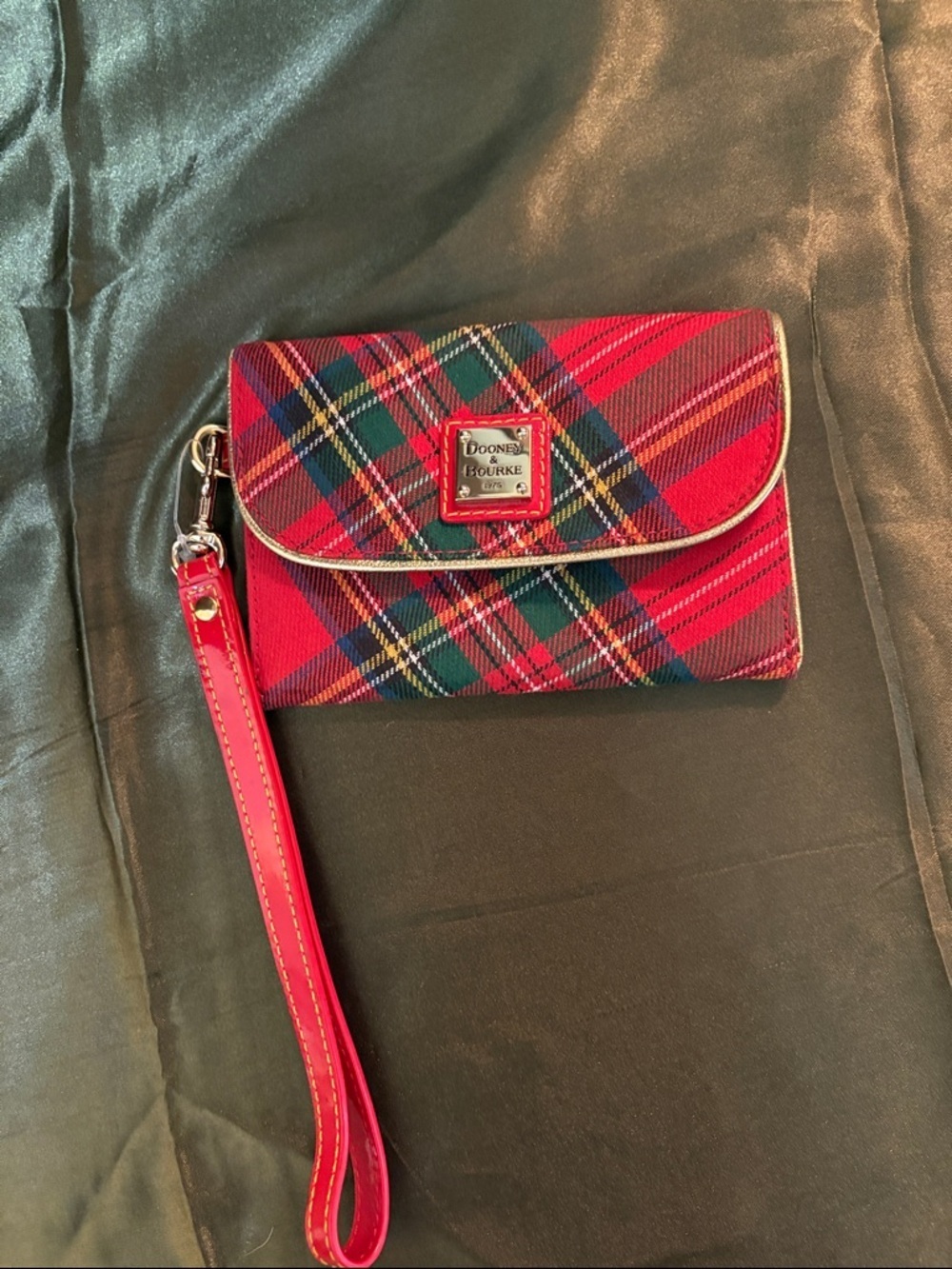 Dooney & Bourke Red Tartan Plaid Wristlet with Gold Trim